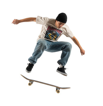 Young man in beanie and graphic tee performing a skateboarding jump in mid-air.Isolated transparent background ( cut-out PNG file ).