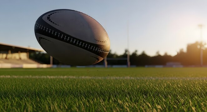 Rugby ball in action on sunny field highlighting motion and sport enthusiasm for tournament promotion