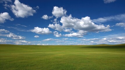 Vast green meadow under a bright blue sky with fluffy white clouds