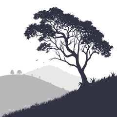 Dark silhouette tree on rolling hills with birds landscape