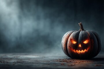 Haunting halloween atmosphere with a glaring pumpkin on display. Stylish concept. Evil pumpkin in coastal mist, resting on stone by the clouded night. Lavish clothing. Majestic beauty.