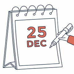 Desk calendar showing December 25th with hand holding pen