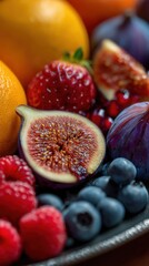 Close up of fresh ripe figs blueberries raspberries and oranges