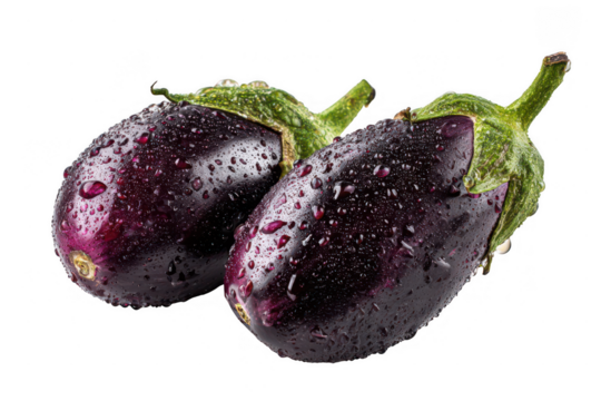 Two fresh ripe eggplants glistening with water droplets on a dark background