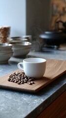 White ceramic coffee cup with roasted coffee beans on a wooden board