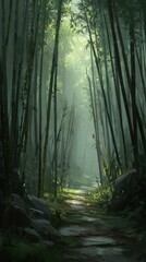 Sunlight filtering through a mystical bamboo forest path