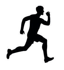 Black silhouette of a fast-running man in profile at a competition