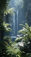 Lush green ferns frame a serene waterfall in a sunlit forest