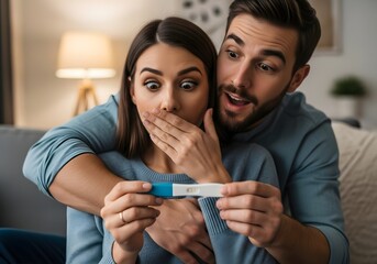 Surprised couple reacts to positive pregnancy test in cozy home setting