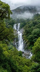 Lush green jungle waterfall cascading down rocky cliffs with mist