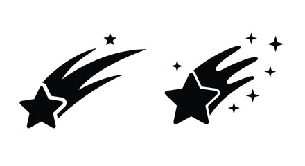 Two black shooting stars with sparkling trails against a white background