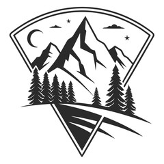 Geometric mountain range with pine trees and moon forest