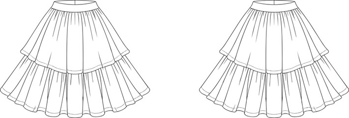 fashion, apparel, garment, clothing, skirt, layered, tiered, illustration, sketch, vector, design, template, outline, pattern, textile, fabric, flared, volume, silhouette, hem, feminine