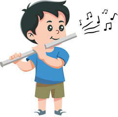 Joyful boy learning to play the flute with focus and determination, promoting musical education and childhood development