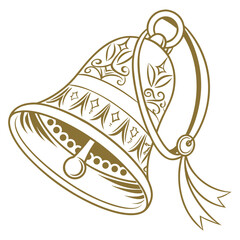 Golden sleigh bell with decorative pattern and ribbon