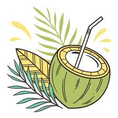 Green coconut drink with straw and tropical leaves