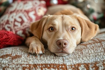 Dog lounging on couch surrounded by Christmas decorations.