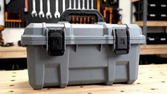 Gray Plastic Tool Box - A gray plastic tool box sits on a wooden workbench in a workshop. The tool box is closed with two black latches and a black handle on top.
