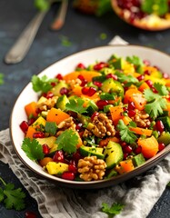 Vibrant salad bowl with mixed vegetables, nuts, and pomegranate seeds