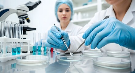 Fototapeta premium Medical research laboratory scene with scientists conducting experiments for innovative healthcare solutions