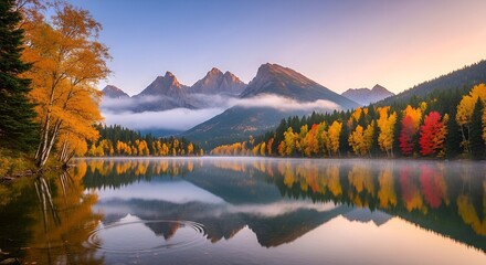 Obraz premium Autumn lake reflection with mountains and colorful trees in Canada scenic
