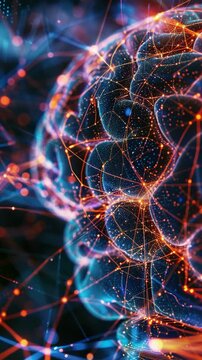 A digital  of the human brain depicted as a network with neurons firing in hues of blue and orange.