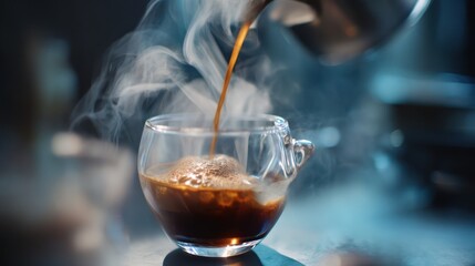 Hot espresso pouring into a clear cup, steam rising