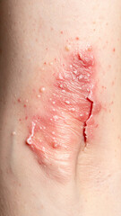 Fototapeta premium Eczema close up skin: Eczema affected skin displays raw, painful texture and redness, revealing discomfort and irritation with intense inflammation