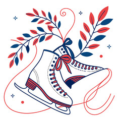 Ice skates with festive winter branches and swirls