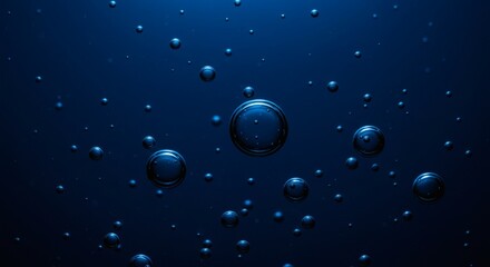 Dark blue background with shiny bubbles floating, perfect for backgrounds, wallpapers, graphic design, and abstract concepts. Suitable for web design.