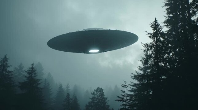 Night scene of a flying saucer hovering above an isolated, misty forest, glowing softly through the fog and creating a mysterious, otherworldly sci-fi atmosphere.
