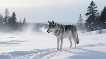 Obraz premium a gray wolf standing in the snow, surrounded by trees and a clear sky The snow is pristine and untouched, creating a peaceful winter scene