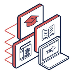 Isometric online learning icons graduation cap book laptop