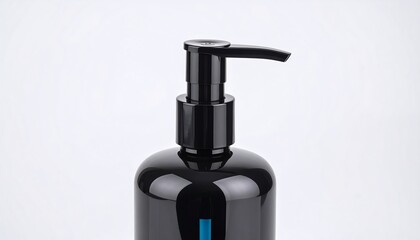 Obraz premium Close-up of black plastic pump bottle. Glossy black bottle with a turquoise accent. Pump top, smooth surface