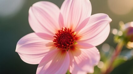 Obraz premium a close up of a pink dahlia flower with a red center and green leaves, set against a blurred background