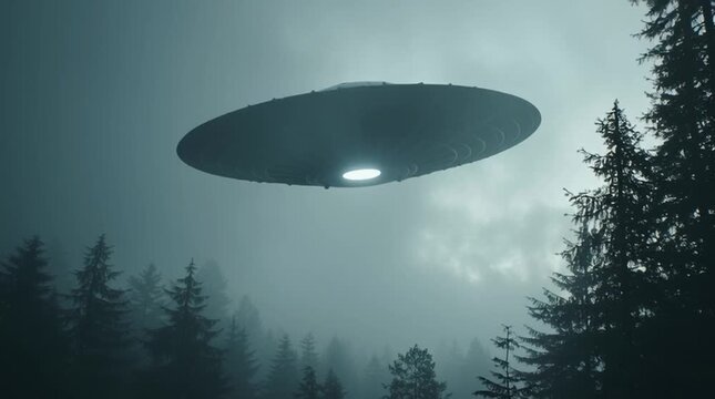 Night scene of a flying saucer hovering above an isolated, misty forest, glowing softly through the fog and creating a mysterious, otherworldly sci-fi atmosphere.
