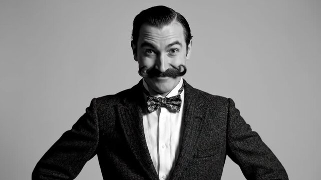 Dapper Gentleman Portrait - A stylish man with a large handlebar mustache smiles confidently at the camera. He wears a tweed suit jacket and a bow tie, with a white dress shirt.