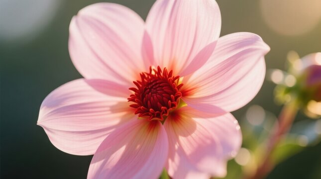  a close up of a pink dahlia flower with a red center and green leaves, set against a blurred background