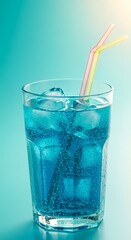 Blue drink with ice and a straw on a table. Refreshing beverage concept for menu designs, summer promotions, and food blogs.