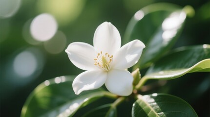 Obraz premium a white flower with green leaves on a tree, set against a blurred background The flower is in full bloom, with its petals radiating outward in a star-like shape T