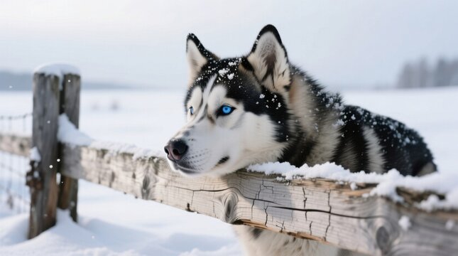  a husky dog with blue eyes laying in the snow next to a wooden fence The dog is white, black and brown in color and the background is blurred, giving the image a d