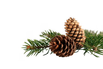 Two pine cones resting on a dark green fir tree branch with a transparent background
