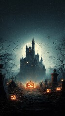 Fototapeta premium Nightfall magic: an enchanted halloween graveyard. Promotional poster. Halloween enigma: a nighttime castle with fiery pumpkin surprise. Action poster. Movie cover.