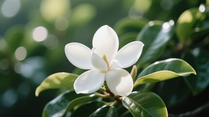 Obraz premium a white magnolia flower with green leaves in the foreground, set against a blurred background The flower is in full bloom, with its petals radiating outward in a s