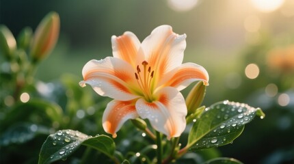 Fototapeta premium a white and orange lily with water droplets on it, surrounded by lush green leaves and buds The background is slightly blurred, giving the image a dreamy feel