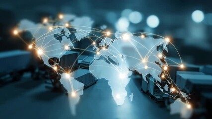 This image depicts a digital world map overlaid with interconnected lines and glowing nodes, symbolizing global networks and data flow. - Powered by Adobe