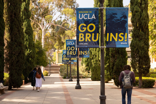 Los Angeles, California, USA - June 12, 2025: People walk through the UCLA campus.