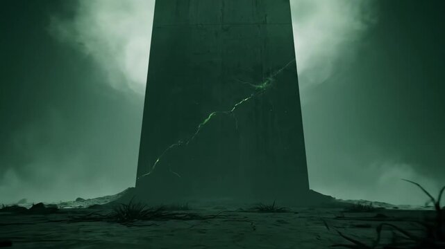Monolith in Ominous Landscape - A large, monolithic structure rises from a desolate landscape under a cloudy sky. The monolith has a crack in it that glows with a green light.