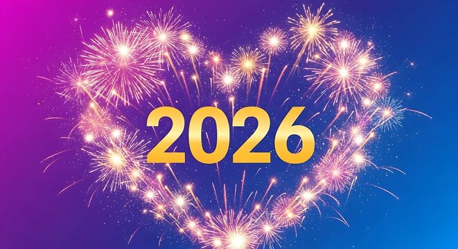 Golden 2026 Number in Heart Shaped Fireworks on Gradient Blue and Purple Background - Powered by Adobe