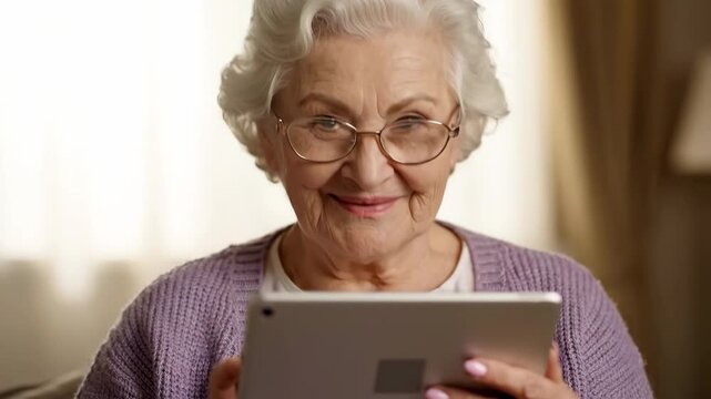Senior Woman Using Tablet - A close-up shot of an elderly woman with glasses holding and looking at a tablet. She is wearing a purple sweater and appears to be indoors.